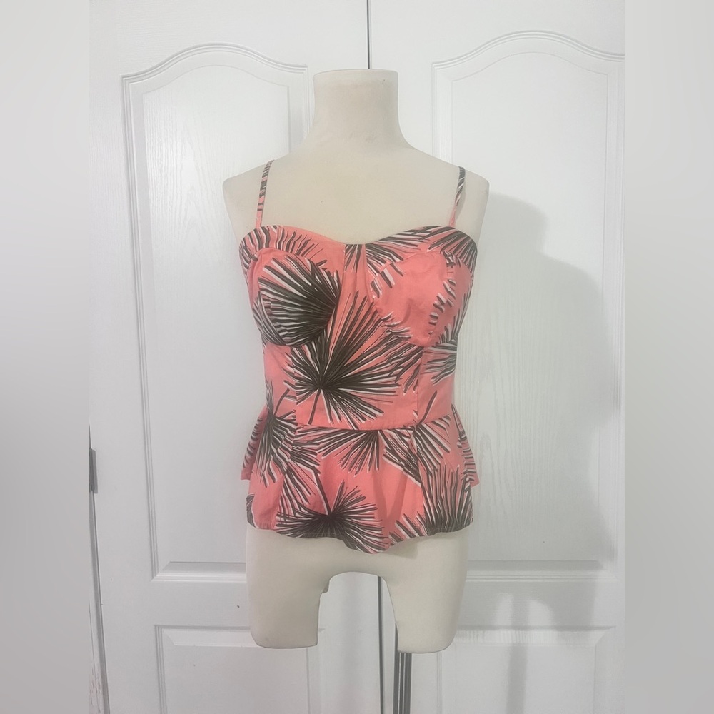 A New‎ Day Spaghetti Strap Tropical Palm Peplum Top - sz M
